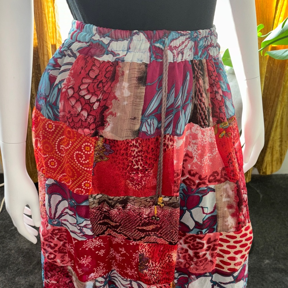 Boho Patchwork Red Tiered Maxi Skirt - Women - Picture 4 of 13